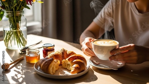 Woman enjoying breakfast with coffee.