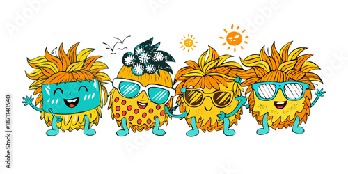 Sun-kissed characters with sunglasses and tropical patterns in a hand-drawn doodle style. Bright yellow, orange, and turquoise palette. Messy hair and joyful, relaxed expressions. Artistic vector .