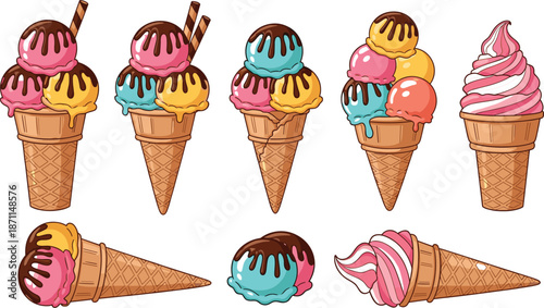 Collection of colorful ice cream cones and soft serve swirls on white background Keywords: ice cream, cone, waffle cone, soft