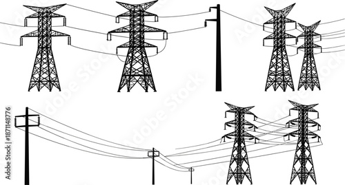 Collection of Industrial High Voltage Power Line Towers and Poles electricity transmission tower