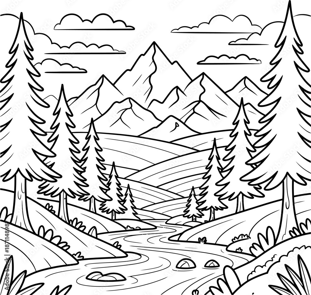 Obraz premium Black and white forest mountain landscape with trees and winding paths