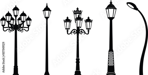 Diverse Collection of Black Silhouette Street Lamps and Lampposts light fixture