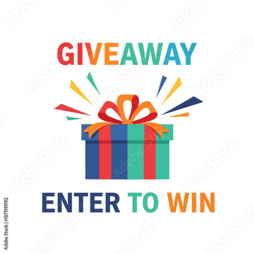 Colorful Gift Box with Ribbon and Text.