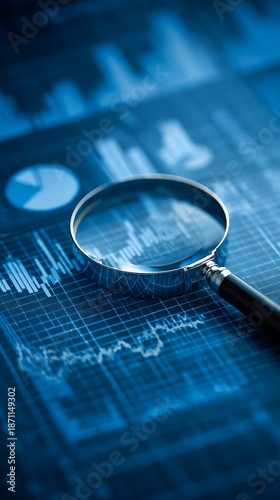 Magnifying glass examines detailed blue financial data charts closely