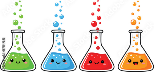 Four cute cartoon science beakers with colorful liquids and happy faces Keywords: science, chemistry, beaker, flask, laboratory