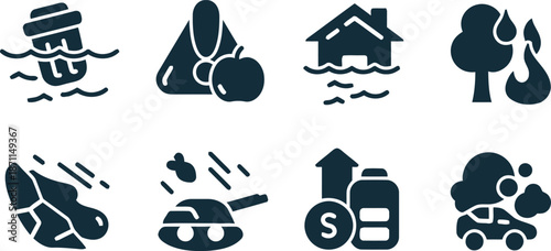 shipping, delivery, icon, glyph, submerged, package, lost, flood damage, burned tree, cracked rocks, smashed, sales chart, damaged car, insurance, claim, logistics, risk, transportation, service, mail