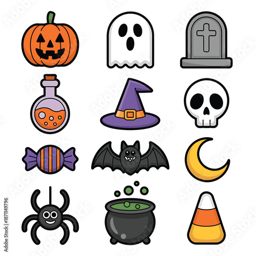 Halloween icons including pumpkin ghost tombstone candy and spooky symbols