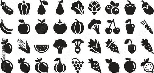 fruit, vegetable, food, icon, set, vector, flat, healthy, apple, pear, banana, berries, pepper, eggplant, carrot, tomato, corn, broccoli, artichoke, cherry, watermelon, orange, mandarin, plum, grape, 