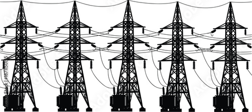Seamless Pattern of Electrical Transmission Towers and Transformers electricity power