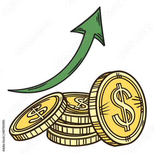 Gold coins with dollar sign and green arrow financial gain