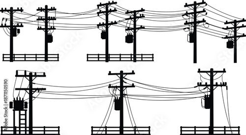 Silhouettes of Utility Poles with Transformers and Wires power pole electricity
