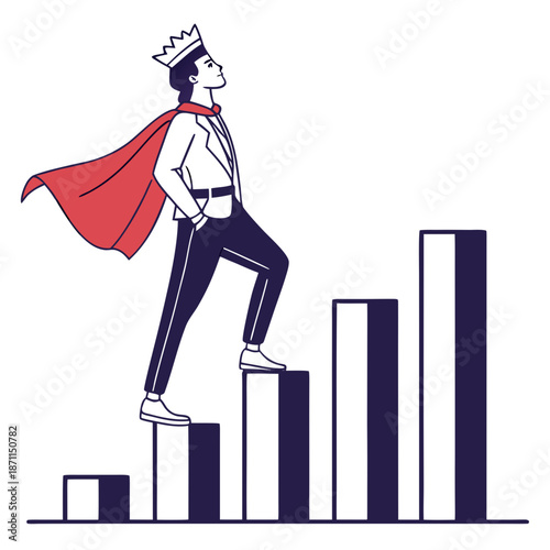 Man in crown and red cape standing on rising bars white background