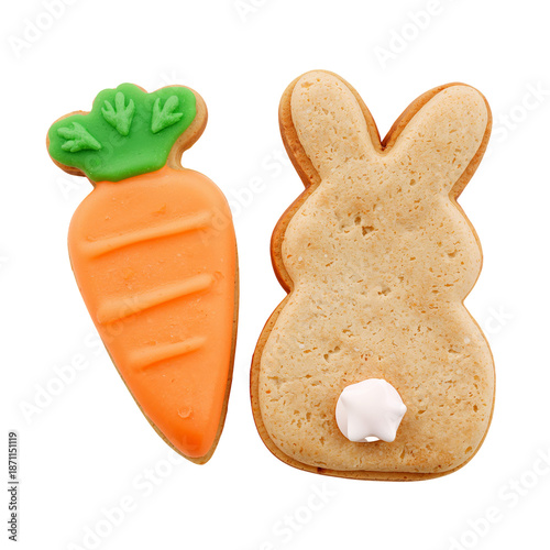 Close up of a Bunny Cookie With a Carrot Cookie on a White Background