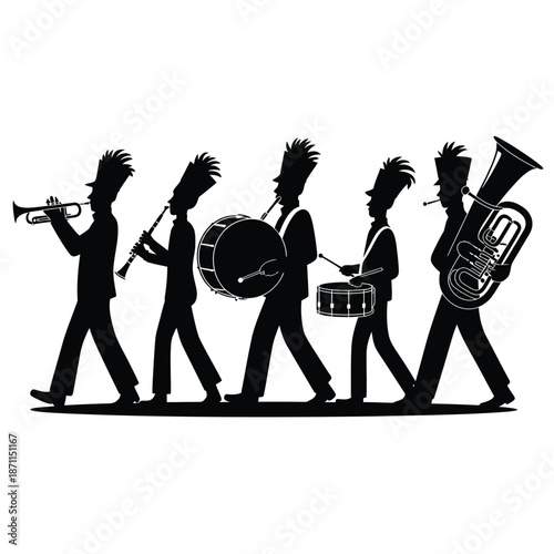 Silhouette of marching band playing various musical instruments in unison