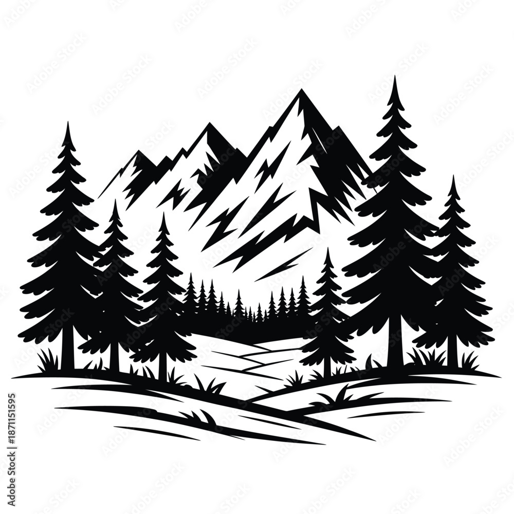 Fototapeta premium Black and white illustration of pine trees and snow capped mountains landscape