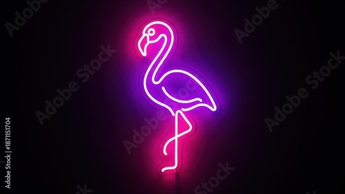 Vibrant neon flamingo sign glowing brightly in dark space
