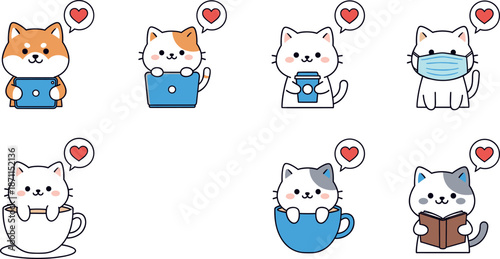 Cat and dog characters with laptop coffee cup mask and book