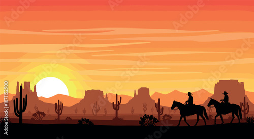 Cowboy silhouettes riding horses in desert at sunset