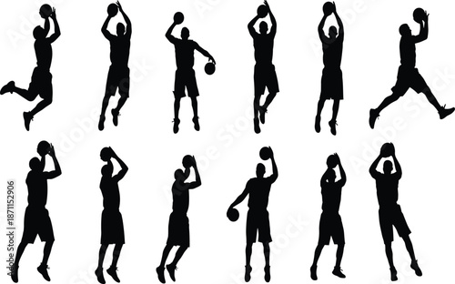 Dynamic black basketball player silhouettes in various action poses for sports design, motion study, athletic training, and competitive game illustration