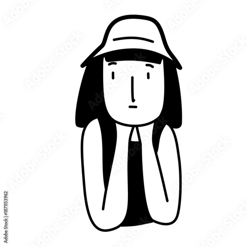 Little Girl Wearing Hat Daydreaming Sadly Line Art Illustration, Minimalist Child Portrait Vector Icon, Bored and Thoughtful Mood Outline Artwork, Emotional Concept Drawing
