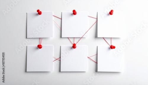 Investigation Board with Blank White Note Papers and Red String Connection Map on White Wall