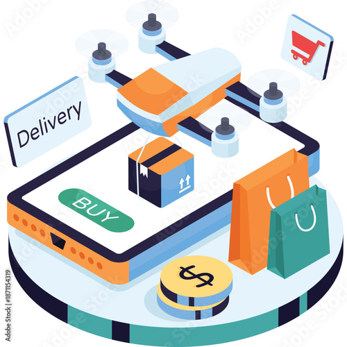 Drone delivery and online shopping isometric illustration