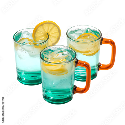 Two Turquoise Glasses Filled With Lemonade and Ice Cubes on a White Table