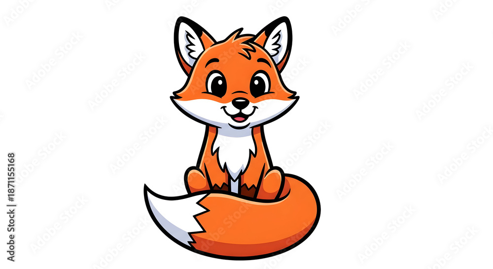 Fototapeta premium A delightful and charming cartoon illustration of a cute baby fox with big, expressive eyes and a fluffy tail, sitting expectantly and looking forward with a sweet smile, perfect for children's themes