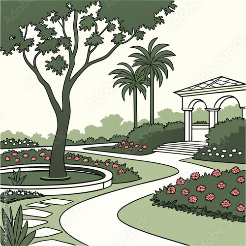 Serene garden pathway with gazebo and palm trees flowers