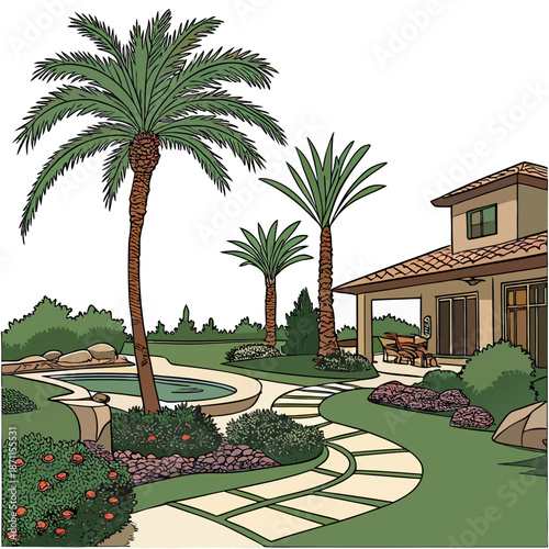 Luxury desert spa oasis with landscaping and palm trees