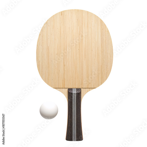 Wooden Table Tennis Racket With a White Ping Pong Ball on a White Background