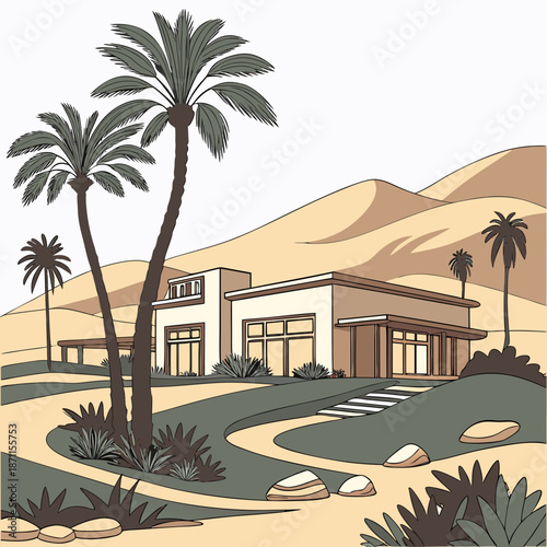 Desert resort landscape with calm symmetrical palm trees