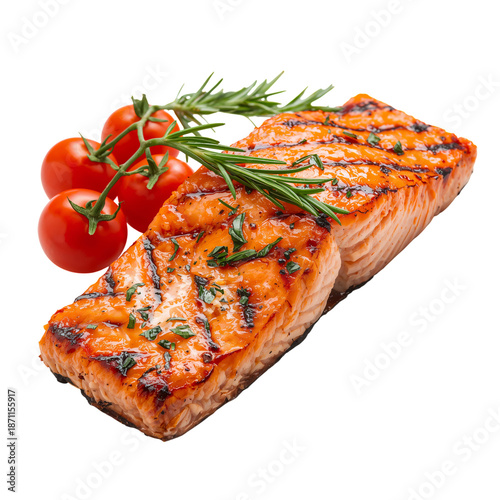 Grilled Salmon Dish With Fresh Rosemary and Ripe Cherry Tomatoes on White Bac...
