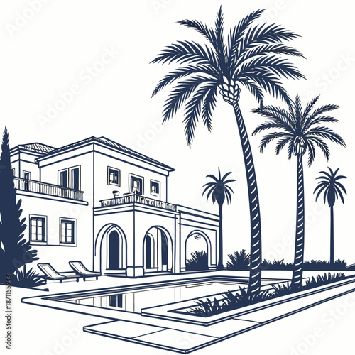 Luxury oasis resort with minimalistic pool and palm trees