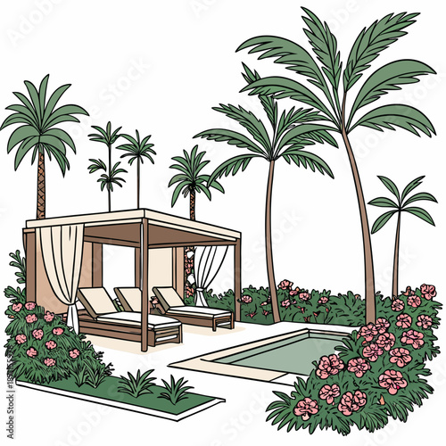 Tropical resort oasis scene with organized lounge and pool
