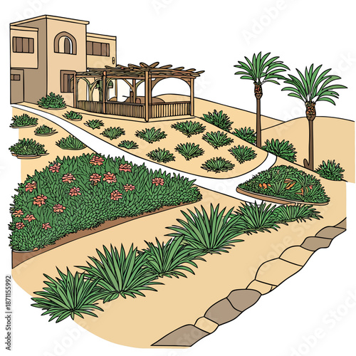 Desert garden with house and palm trees plants
