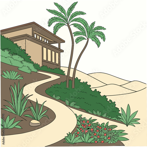 Desert resort house with palm trees and garden building