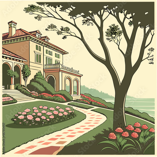 Luxury villa with garden and pathway by the sea tree