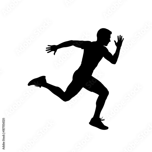 Man running in dynamic motion with arms outstretched and legs in mid stride on white background with silhouette and sprinting and athletic and sports
