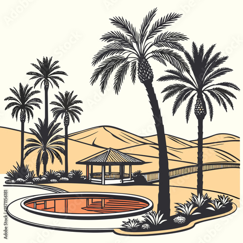 Desert oasis luxury resort with circular pool and palm trees