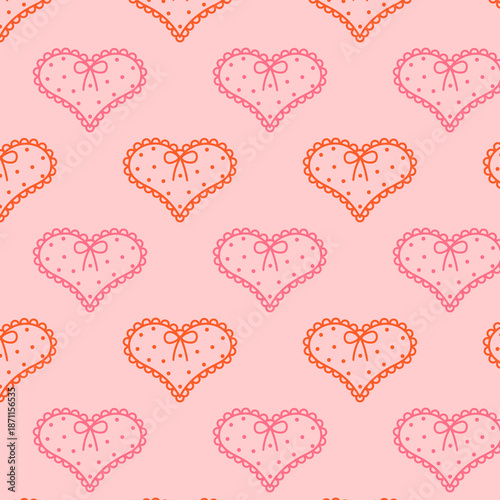 Seamless pattern with lace style hearts in pink and orange tones. Romantic decorative design for Valentine wrapping, textile, stationery and cute love projects.