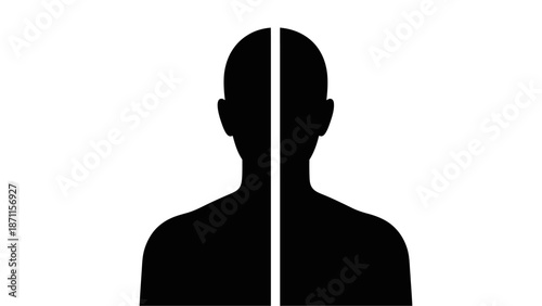 Split personality concept with silhouette of a man divided in two by a line with psychology and emotions and symbolic and identity and duality