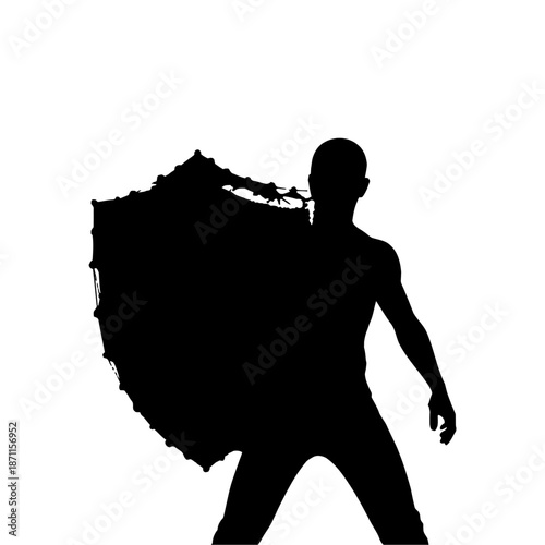 A muscular man in a dynamic pose holding a large abstract shape behind him on a white background with strong and silhouette and fitness and athletic