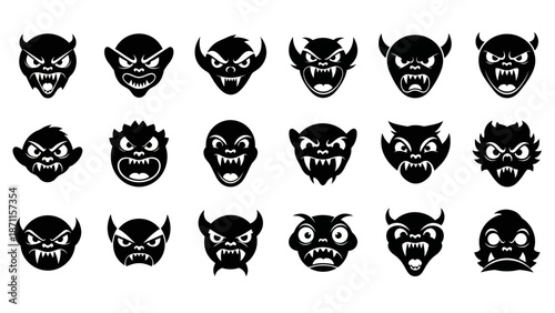 Collection of various angry monster faces with horns and sharp teeth in black and white for graphic design and illustration with monster illustrations