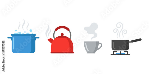 Cooking and hot drinks icons with steam and boiling