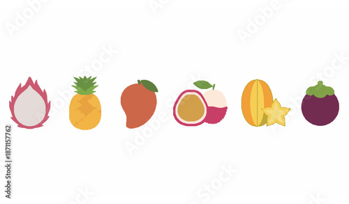 Minimal flat exotic fruit icons vector collection for organic nutrition and healthy lifestyle