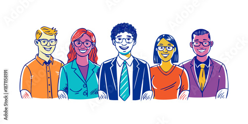 A group of confident, diverse business leaders in a modern, quirky doodle style. Smart-casual attire, glasses, and friendly professional smiles. Bold, saturated colors and clean hand-drawn outlines. V