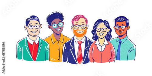 A group of confident, diverse business leaders in a modern, quirky doodle style. Smart-casual attire, glasses, and friendly professional smiles. Bold, saturated colors and clean hand-drawn outlines. V