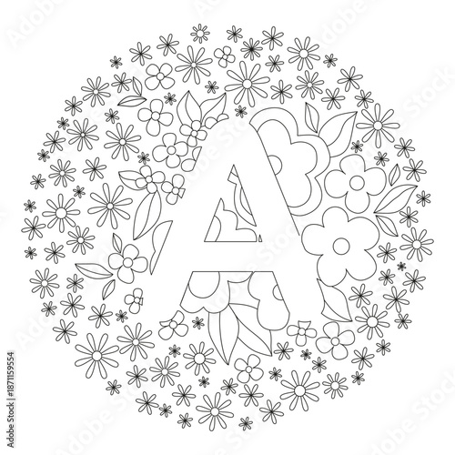Monochrome background with vintage floral ornament. Many small flowers. Black and white vector illustration with letter A. Round floral lace decor. Plant coloring sheet.