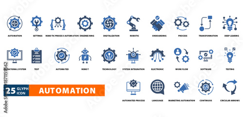 automation icon set with automation, settings, robotic process automation, engineering, digitalization, robotic, onboarding, process, transformation, deep learning, operational system, test, automated